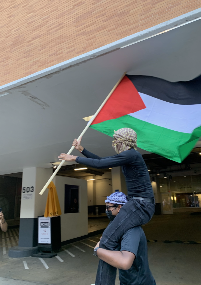 Protesters wave the Palestinian flag. 